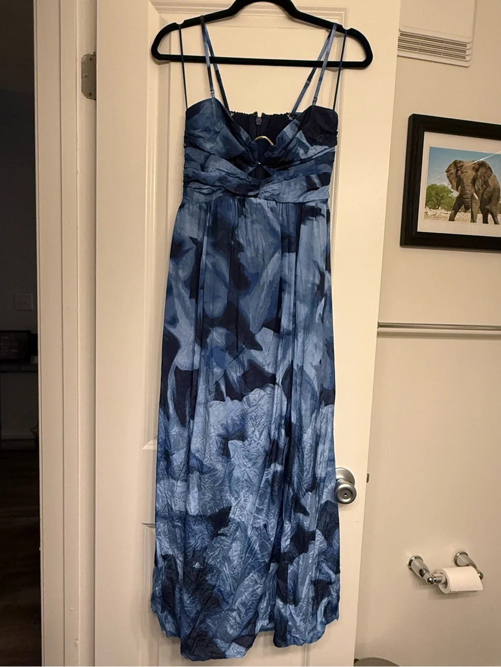 Abercrombie & Fitch Blue Watercolor Strapless Ring-Detail Maxi